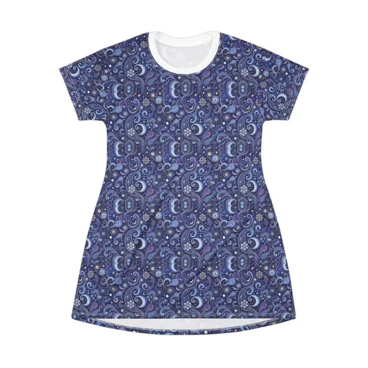 Blue Paisley and Celestial Print T Shirt Dress - Ocean State Styles