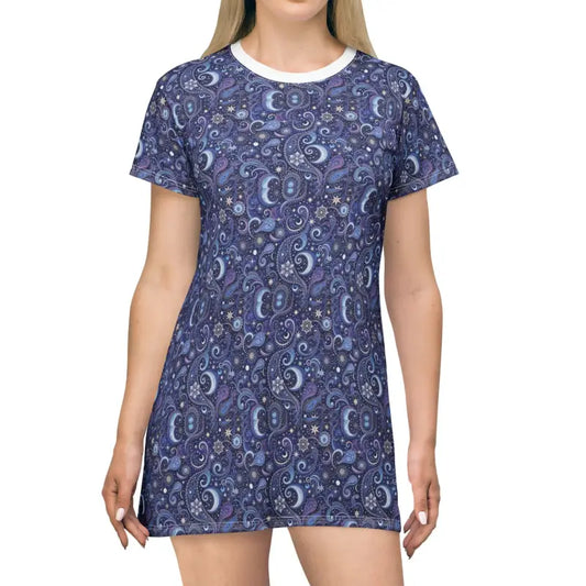 Blue Paisley and Celestial Print T Shirt Dress - Ocean State Styles
