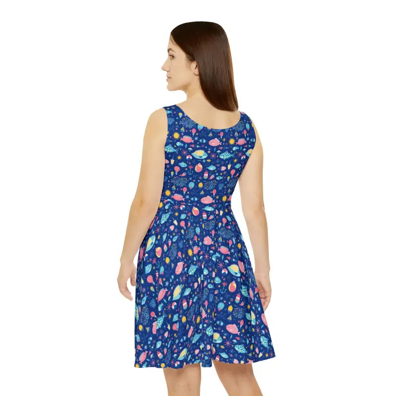 Blue patterned sleeveless dress in Colorful Women’s Skater Dress for summer celebrations