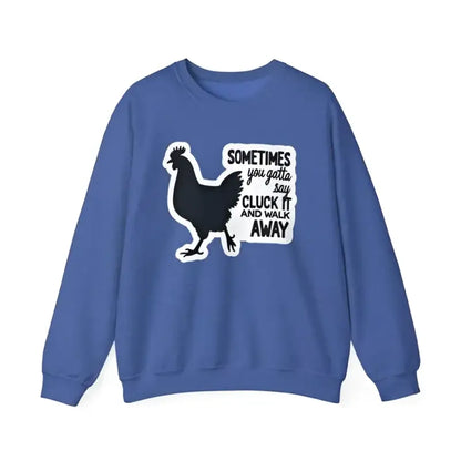 Blue sweatshirt featuring a playful chicken graphic, perfect for casual wear