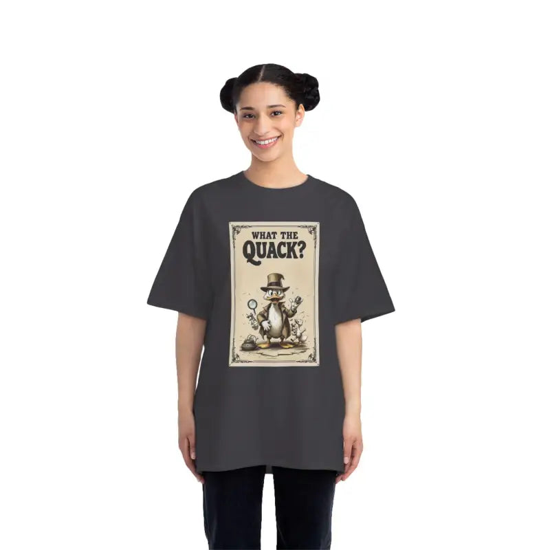 Gray t-shirt featuring a cartoon duck detective from the Cartoon Duck Detective T Shirt Collection
