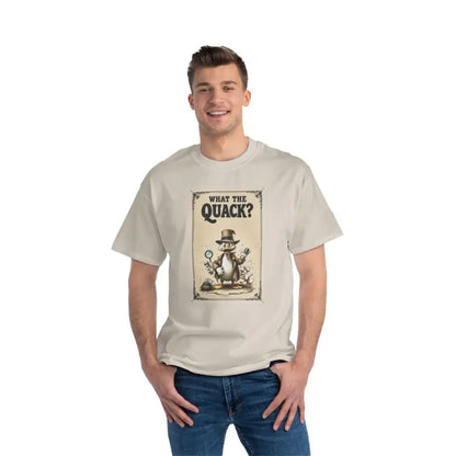 Beige t-shirt featuring a cartoon duck design from the Cartoon Duck Detective T Shirt Collection