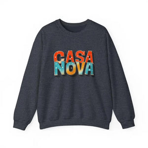 Dark gray Casa Nova crewneck sweatshirt with colorful block letter lettering
