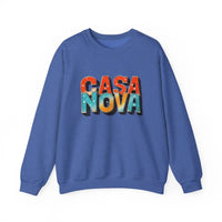 Blue long-sleeved crewneck sweatshirt with CASA NOVA colorful lettering text