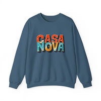 Blue long-sleeved Casa Nova crewneck sweatshirt with colorful patterned lettering