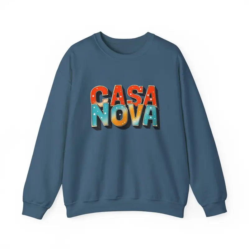 Blue long-sleeved Casa Nova crewneck sweatshirt with colorful patterned lettering
