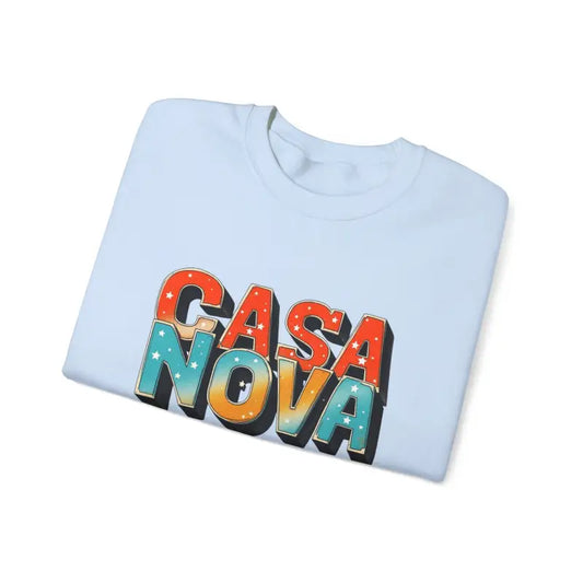 White crew-neck T-shirt featuring colorful CASA NOVA graphic design