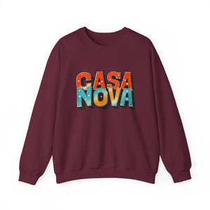 Maroon Casa Nova crewneck sweatshirt with colorful stylized lettering displayed
