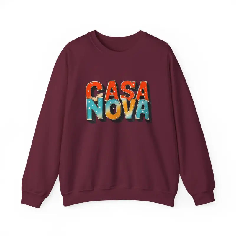 Maroon Casa Nova crewneck sweatshirt with colorful stylized lettering displayed