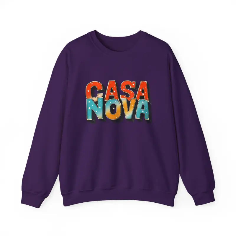 Purple crewneck sweatshirt with colorful CASA NOVA lettering for casual wear