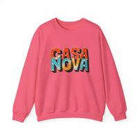 Pink long-sleeved crew-neck sweatshirt with CASA NOVA colorful graphic design