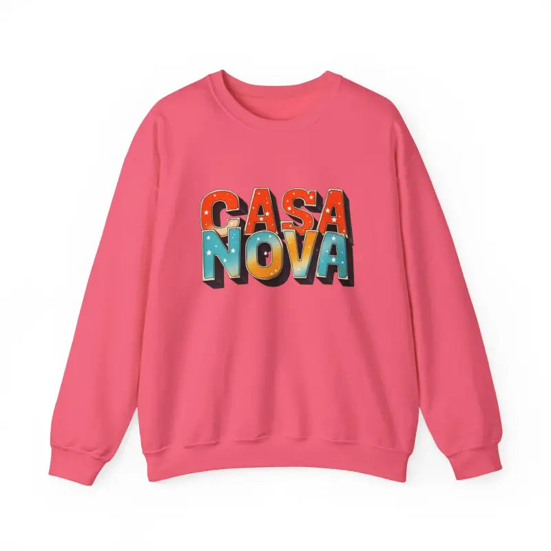 Pink long-sleeved crew-neck sweatshirt with CASA NOVA colorful graphic design