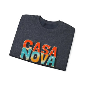 Dark gray short-sleeved T-shirt with CASA NOVA in colorful star-patterned letters