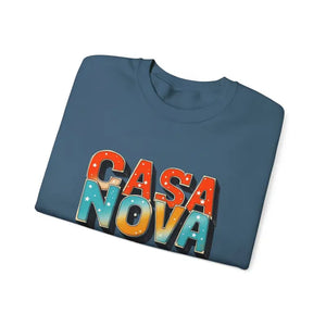 Folded blue Casa Nova crewneck T-shirt with colorful lettering design for sale