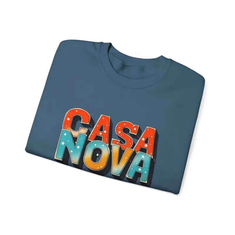 Folded blue Casa Nova crewneck T-shirt with colorful lettering design for sale