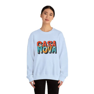 Light blue Casa Nova crewneck sweatshirt with colorful block letter lettering