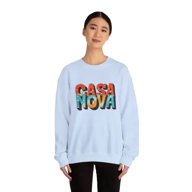 Light blue Casa Nova crewneck sweatshirt with colorful block letter lettering