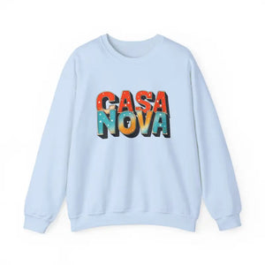 Light blue crewneck sweatshirt featuring CASA NOVA colorful graphic design