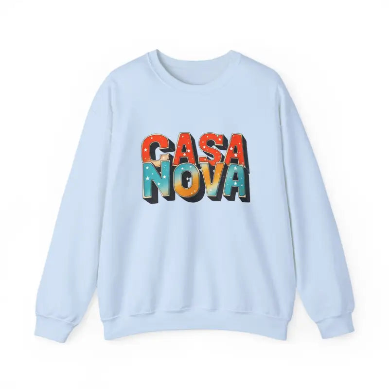 Light blue crewneck sweatshirt featuring CASA NOVA colorful graphic design