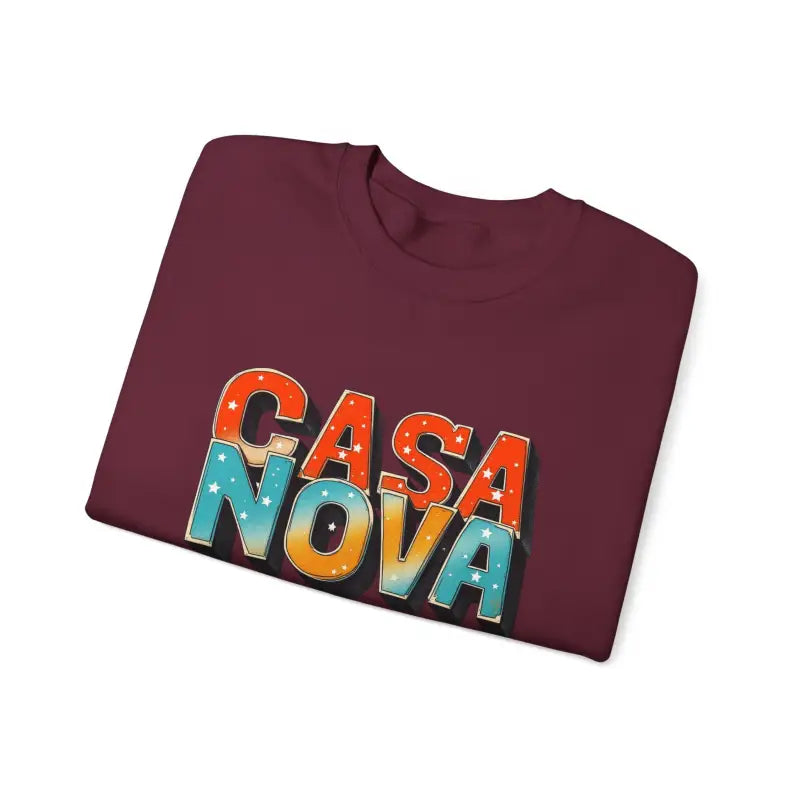 Maroon short-sleeve T-shirt with colorful starry CASA NOVA lettering, part of Casa Nova Crewneck Top collection