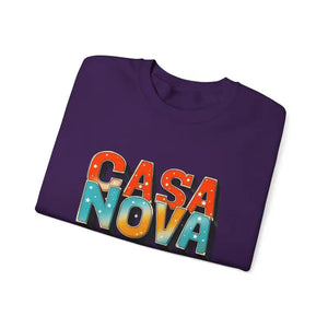 Purple Casa Nova crewneck top with colorful starry lettering design