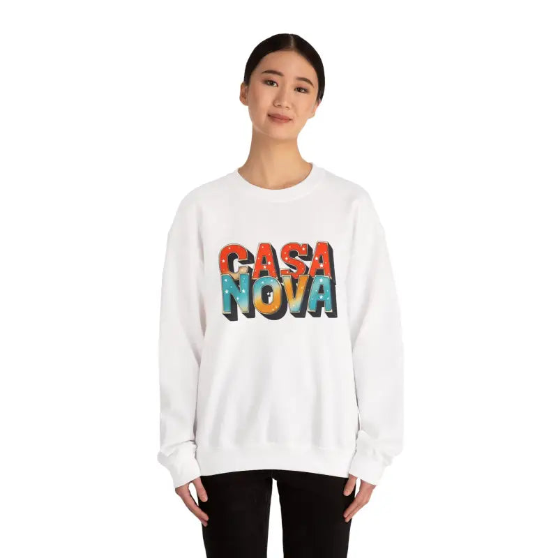 White crewneck sweatshirt with colorful CASA NOVA lettering from Casa Nova Colorful Lettering Crewneck Top