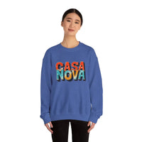 Woman wearing a blue Casa Nova sweatshirt from the Casa Nova Colorful Lettering Crewneck Top collection