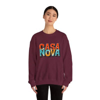 Woman wearing Casa Nova Colorful Lettering Crewneck Top in maroon sweatshirt