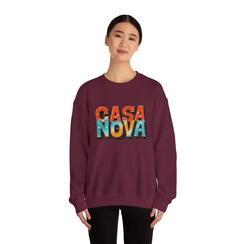 Woman wearing Casa Nova Colorful Lettering Crewneck Top in maroon sweatshirt
