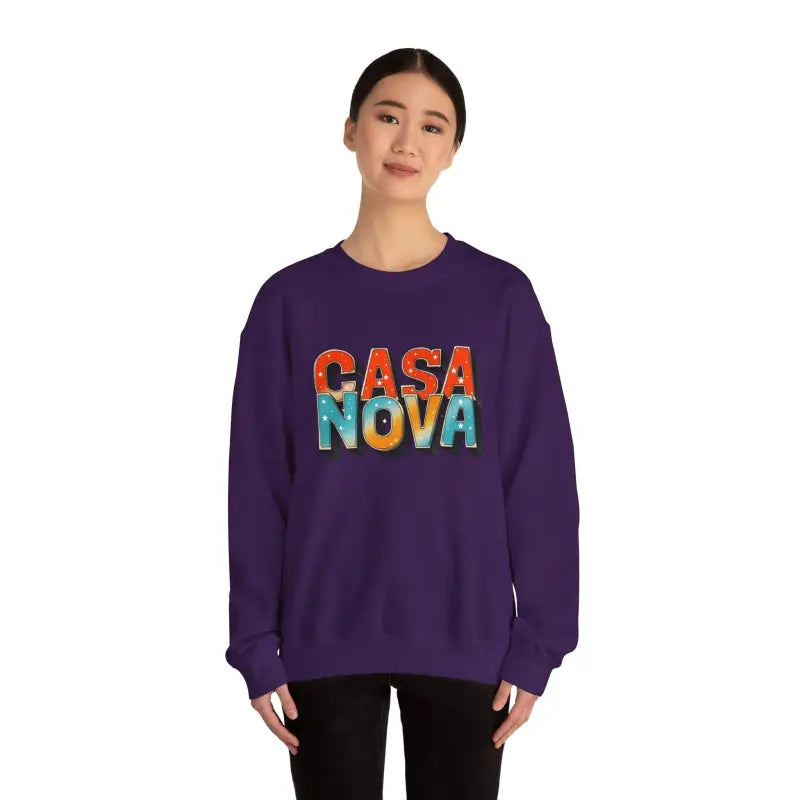 Woman wearing Casa Nova colorful lettering crewneck top in purple long-sleeved sweatshirt