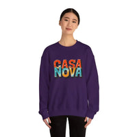 Woman wearing Casa Nova colorful lettering crewneck top in purple long-sleeved sweatshirt