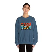 Woman wearing Casa Nova colorful lettering teal crewneck sweatshirt front view