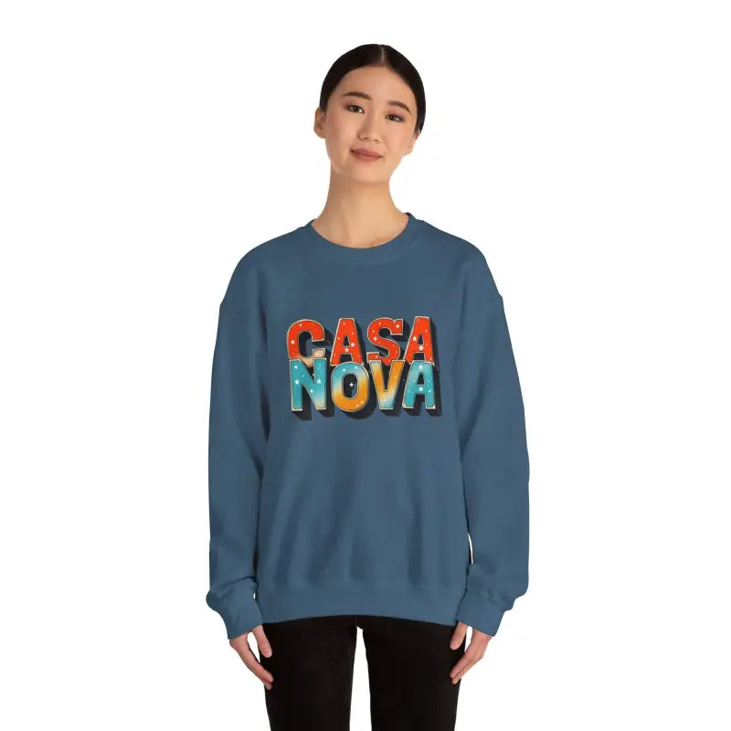 Woman wearing Casa Nova colorful lettering teal crewneck sweatshirt front view