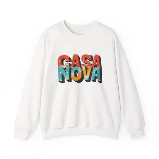 White crew-neck T-shirt featuring colorful CASA NOVA graphic design