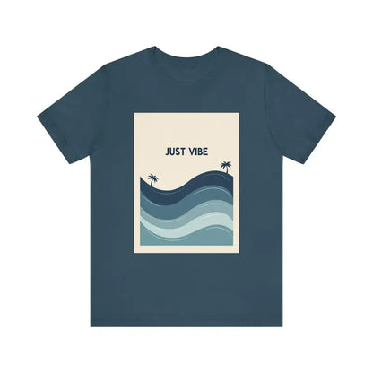 Blue t-shirt featuring a beach graphic from the Casual Ride the Waves Beach T Shirt lineup