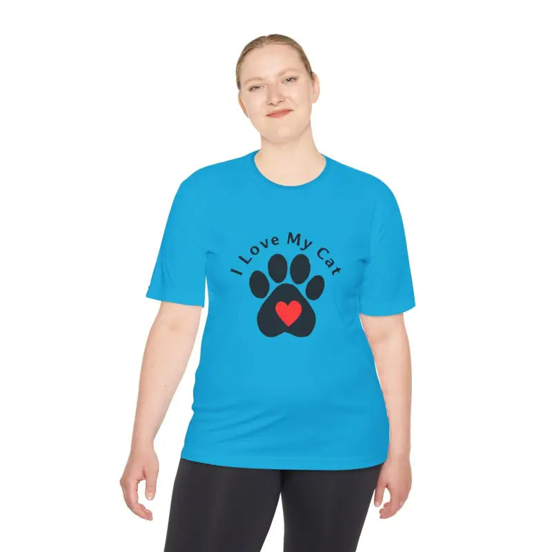 Woman showcasing Cat Lover Moisture Wicking T Shirt with Cat Paw Print in blue