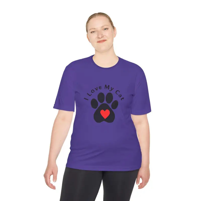 Purple I Love My Cat T-shirt from Cat Lover Moisture Wicking Collection with paw print