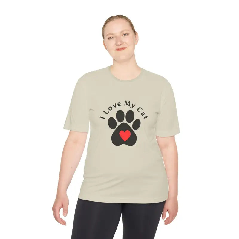 Beige Cat Lover Moisture Wicking T Shirt featuring a cat paw print design