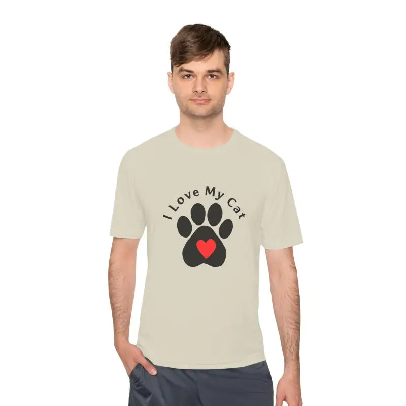 Cat Lover Moisture Wicking T Shirt featuring I Love My Cat design with paw print