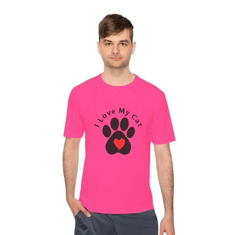 Pink Cat Lover Moisture Wicking T Shirt featuring a stylish cat paw print design
