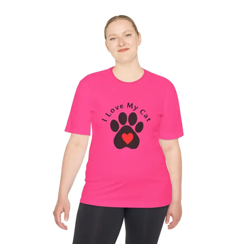 Pink Cat Lover Moisture Wicking T Shirt featuring a stylish cat paw print design