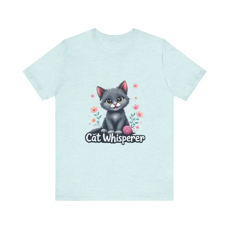 Light blue Cat Whisperer unisex jersey tee featuring a playful cat graphic design