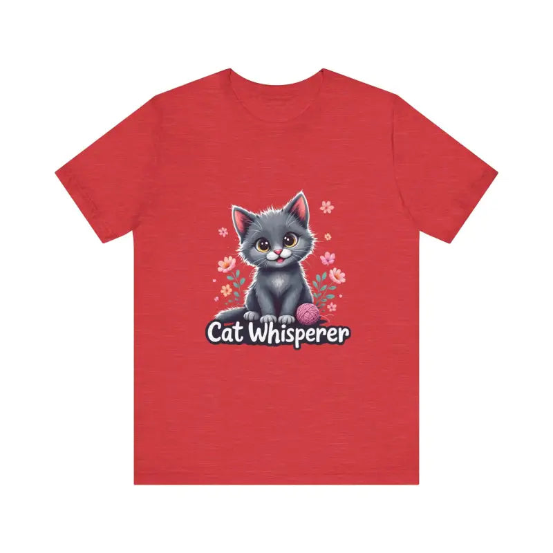 Red Cat Whisperer Unisex Jersey Tee featuring a playful cat graphic for cat lovers gift