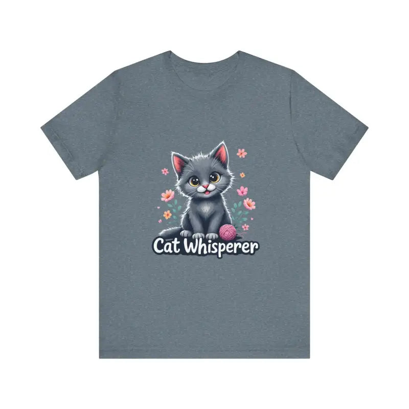 Gray Cat Whisperer Unisex Jersey Tee featuring a playful cat graphic for cat lovers
