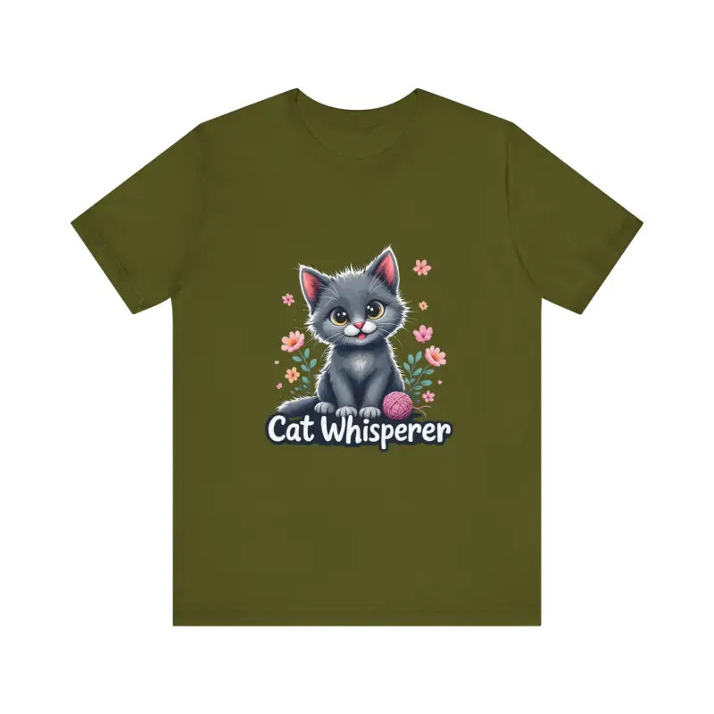 Olive green Cat Whisperer unisex jersey tee for cat lovers gift on display