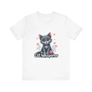 White t-shirt featuring a cat design from Cat Whisperer Unisex Jersey Tee