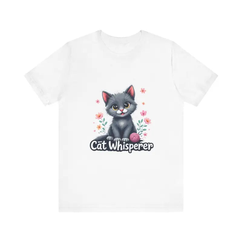 White t-shirt featuring a cat design from Cat Whisperer Unisex Jersey Tee