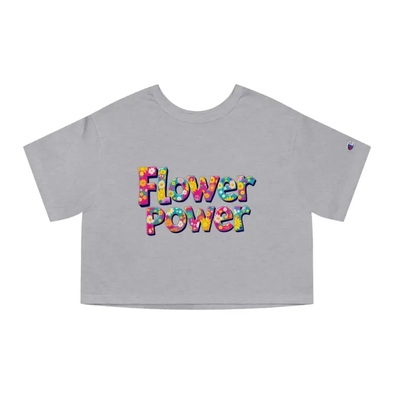 Light gray short-sleeved crop top with colorful Flower Power text from Champion Flower Power Cropped T Shirt