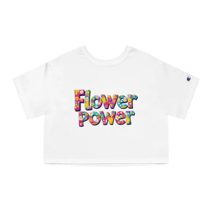 White cropped short-sleeved T-shirt with Flower Power text from Champion