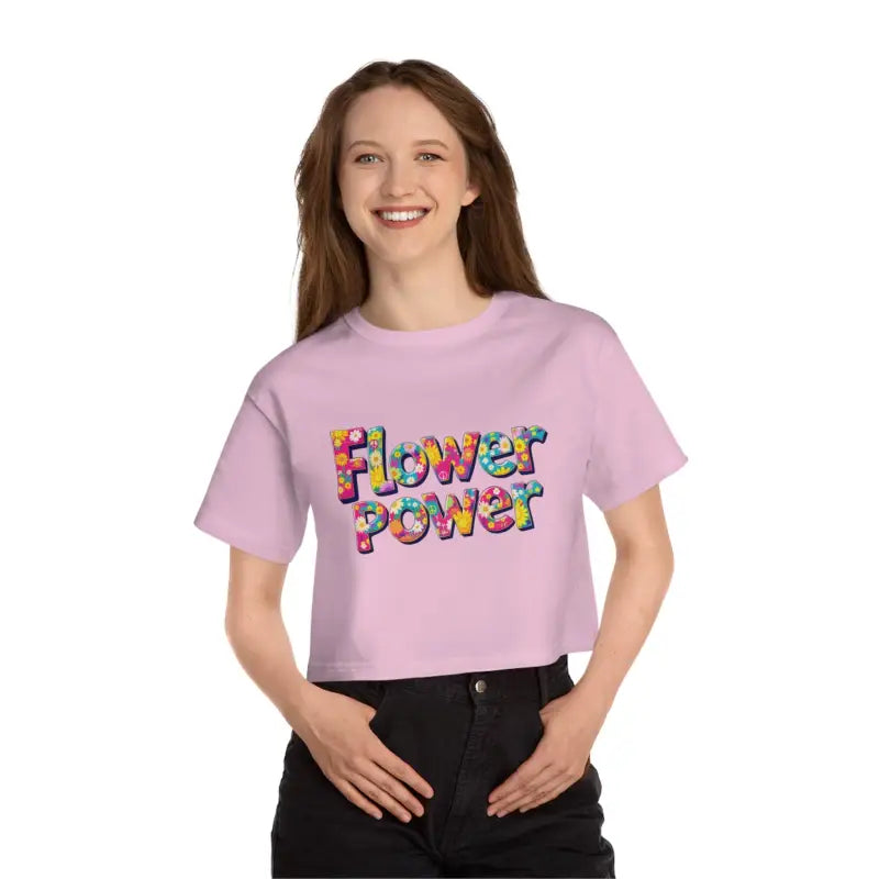 Woman wearing Champion Flower Power Cropped T Shirt with colorful floral design